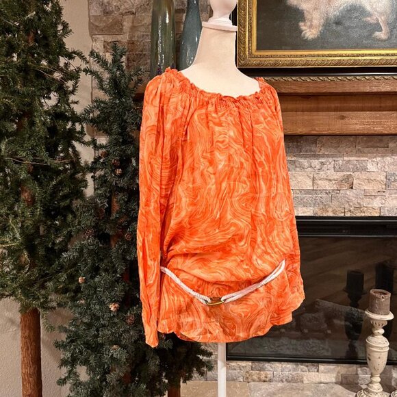 MICHAEL KORS Psychodelic Orange Long Sleeve Peasant Blouse with Rope Belt Size M - Picture 2 of 9